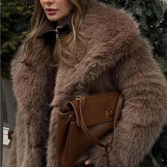 Luxurious Brown Faux Fur Coat shaggy jacket thick winter - Picture 5 of 7